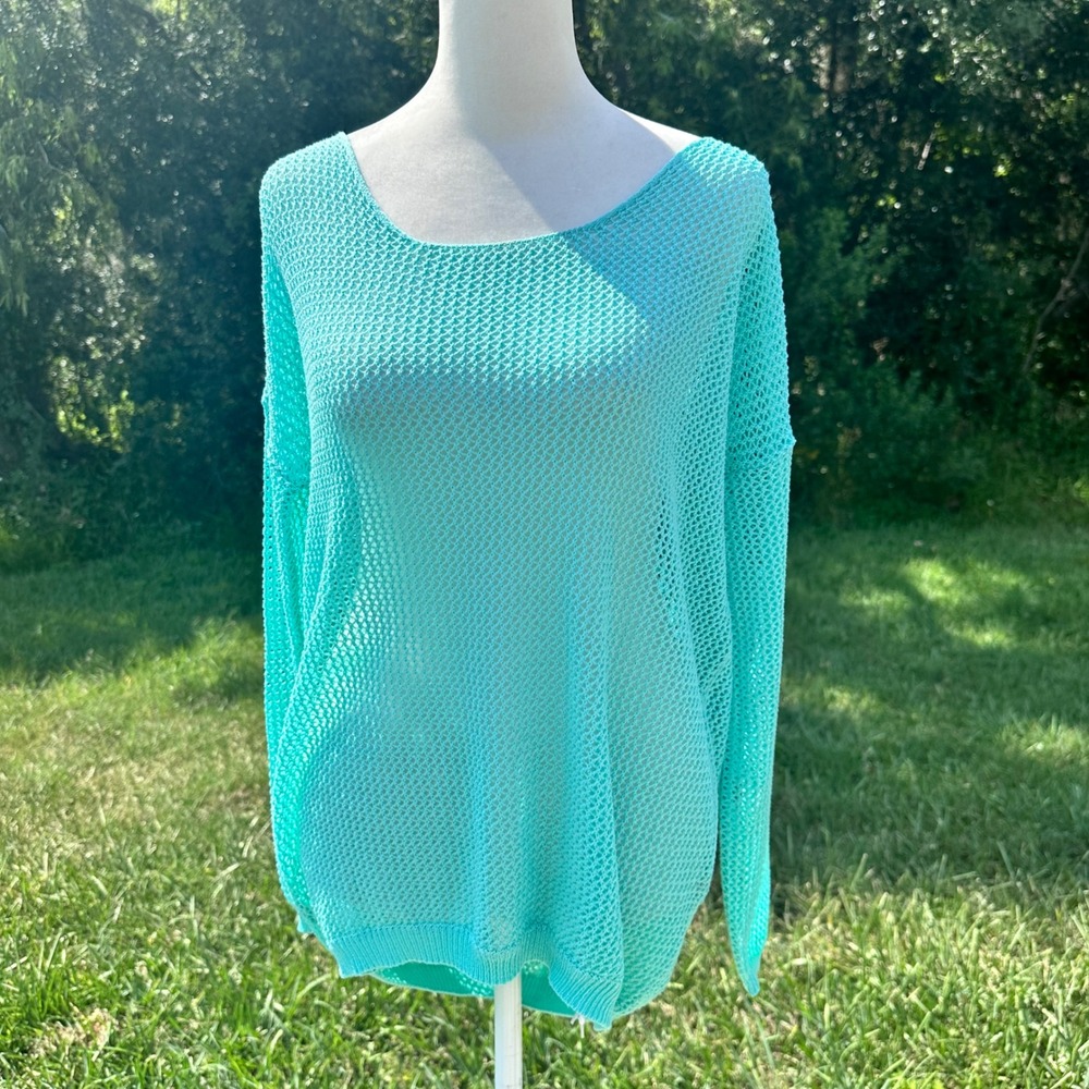 Open Knit Lightweight Beachy Top Blouse Women L Turquoise